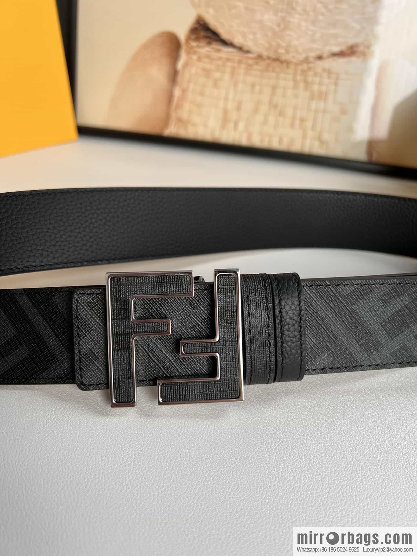 FENDI's latest extraordinary creative gradual change printing dark blue double FF cowhide belt 4.0cm