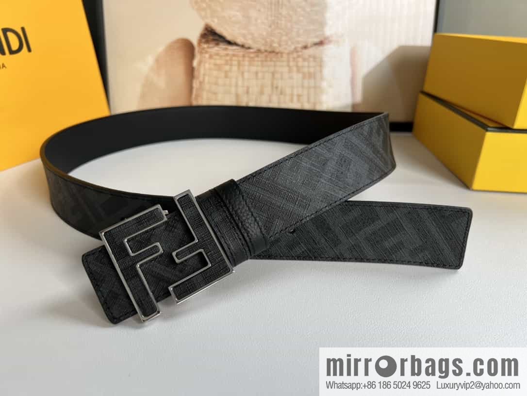 FENDI's latest extraordinary creative gradual change printing dark blue double FF cowhide belt 4.0cm