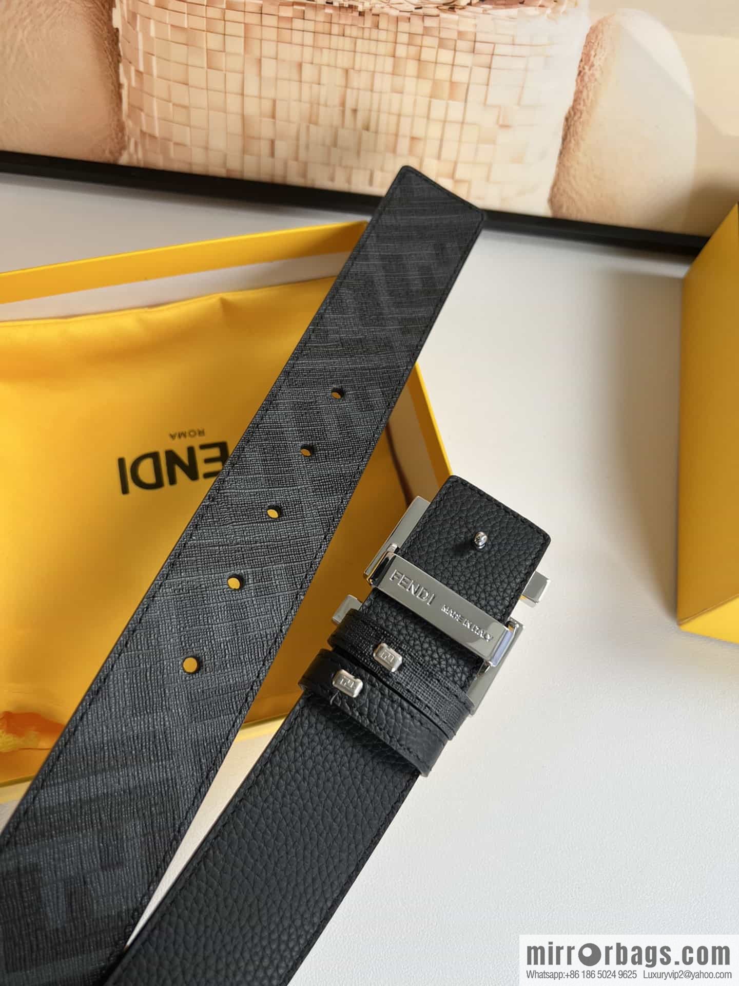 FENDI's latest extraordinary creative gradual change printing dark blue double FF cowhide belt 4.0cm