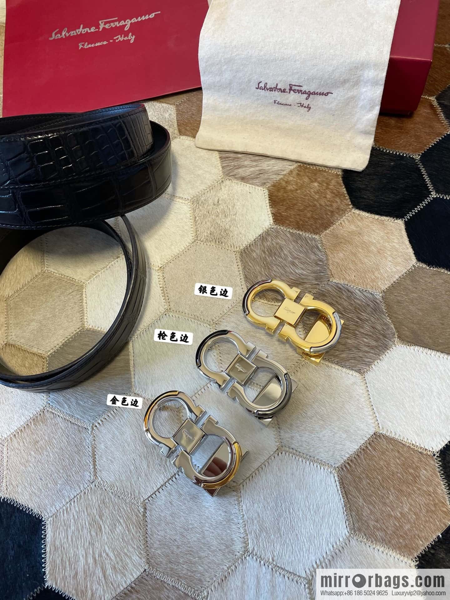 Ferragamo Gancio Double Circle Intertone Edge Metal Clip Buckle, Crocodile Belt 3.5cm