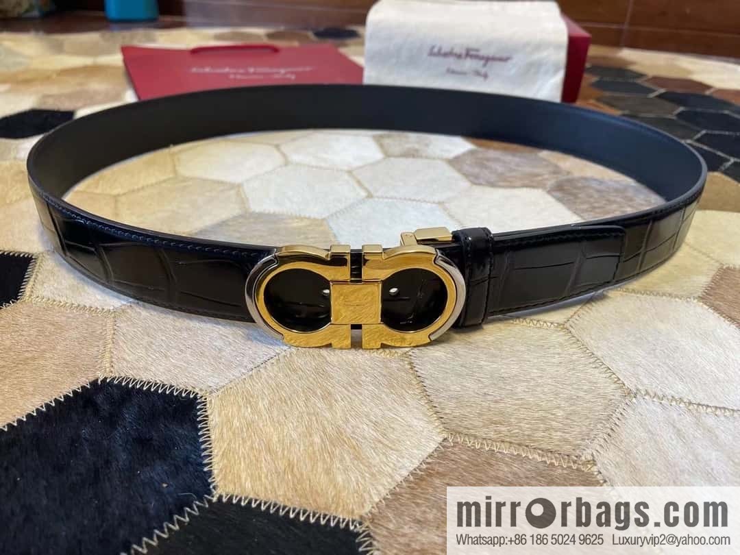 Ferragamo Gancio Double Circle Intertone Edge Metal Clip Buckle, Crocodile Belt 3.5cm