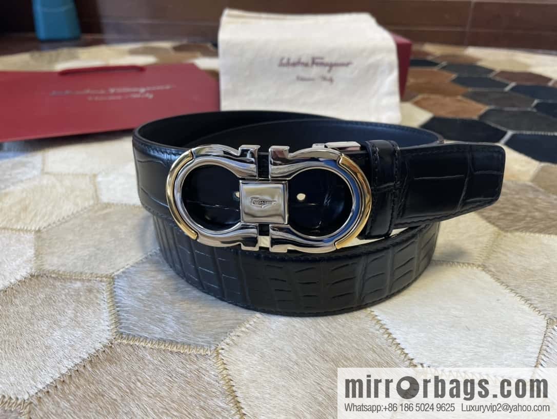 Ferragamo Gancio Double Circle Intertone Edge Metal Clip Buckle, Crocodile Belt 3.5cm
