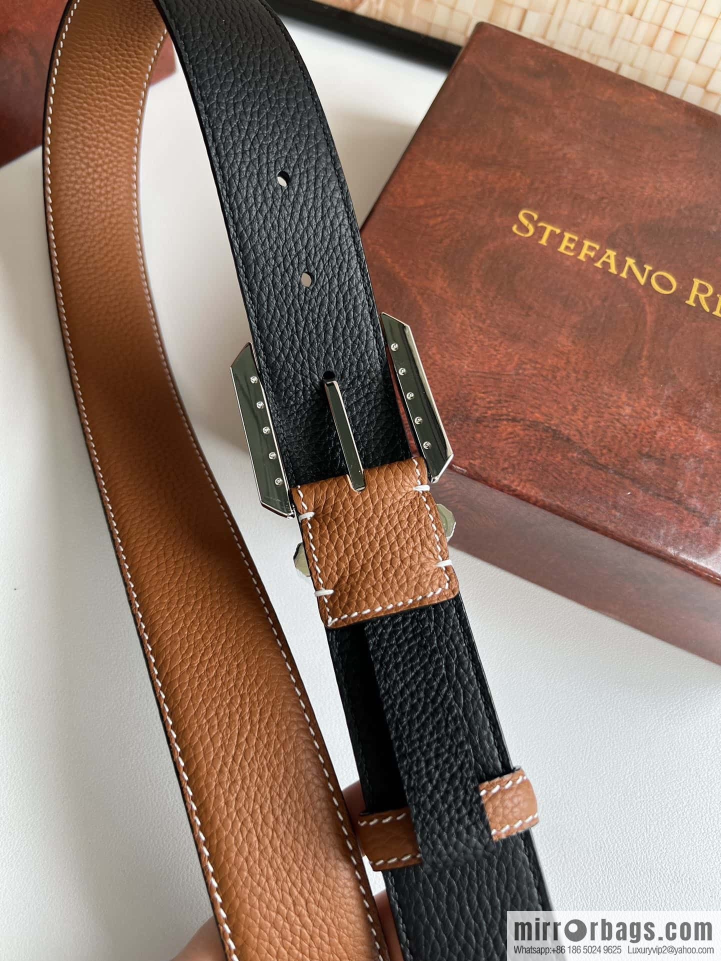 Stefano Ricci Stephen, Stainless Steel Pin Buckle Double Sided First Layer Lychee Textured Cowhide Belt 3.6cm