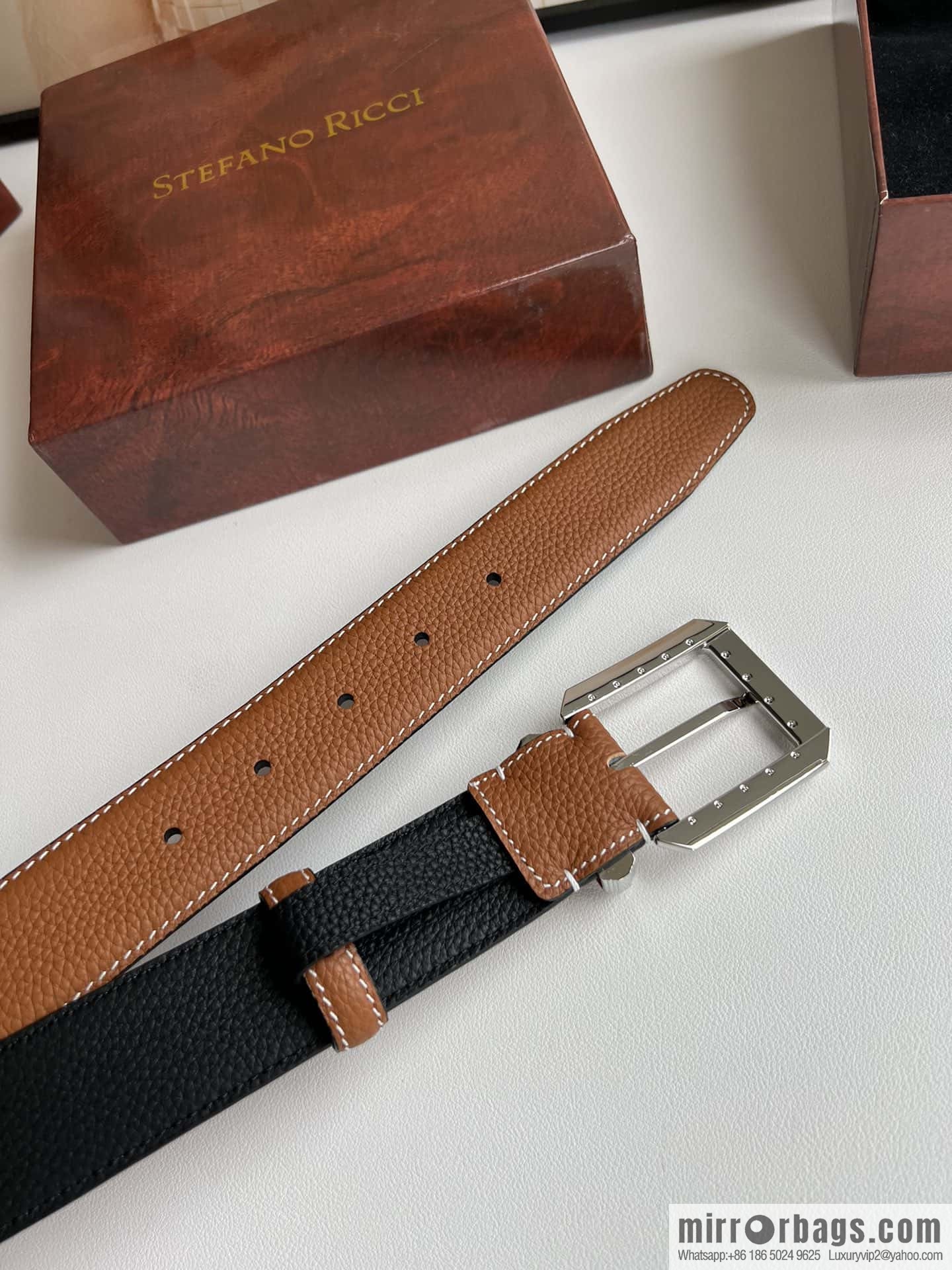 Stefano Ricci Stephen, Stainless Steel Pin Buckle Double Sided First Layer Lychee Textured Cowhide Belt 3.6cm