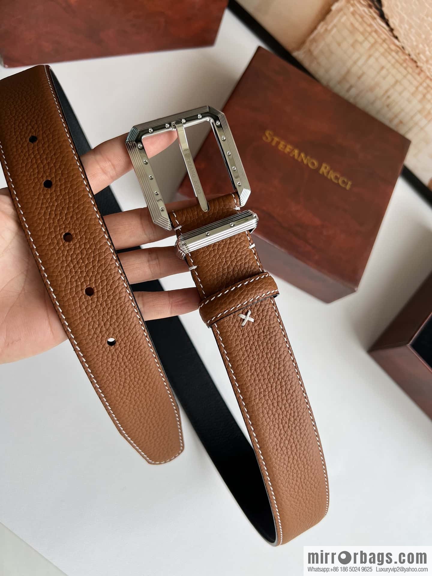 Stefano Ricci Stephen, Stainless Steel Pin Buckle Double Sided First Layer Lychee Textured Cowhide Belt 3.6cm