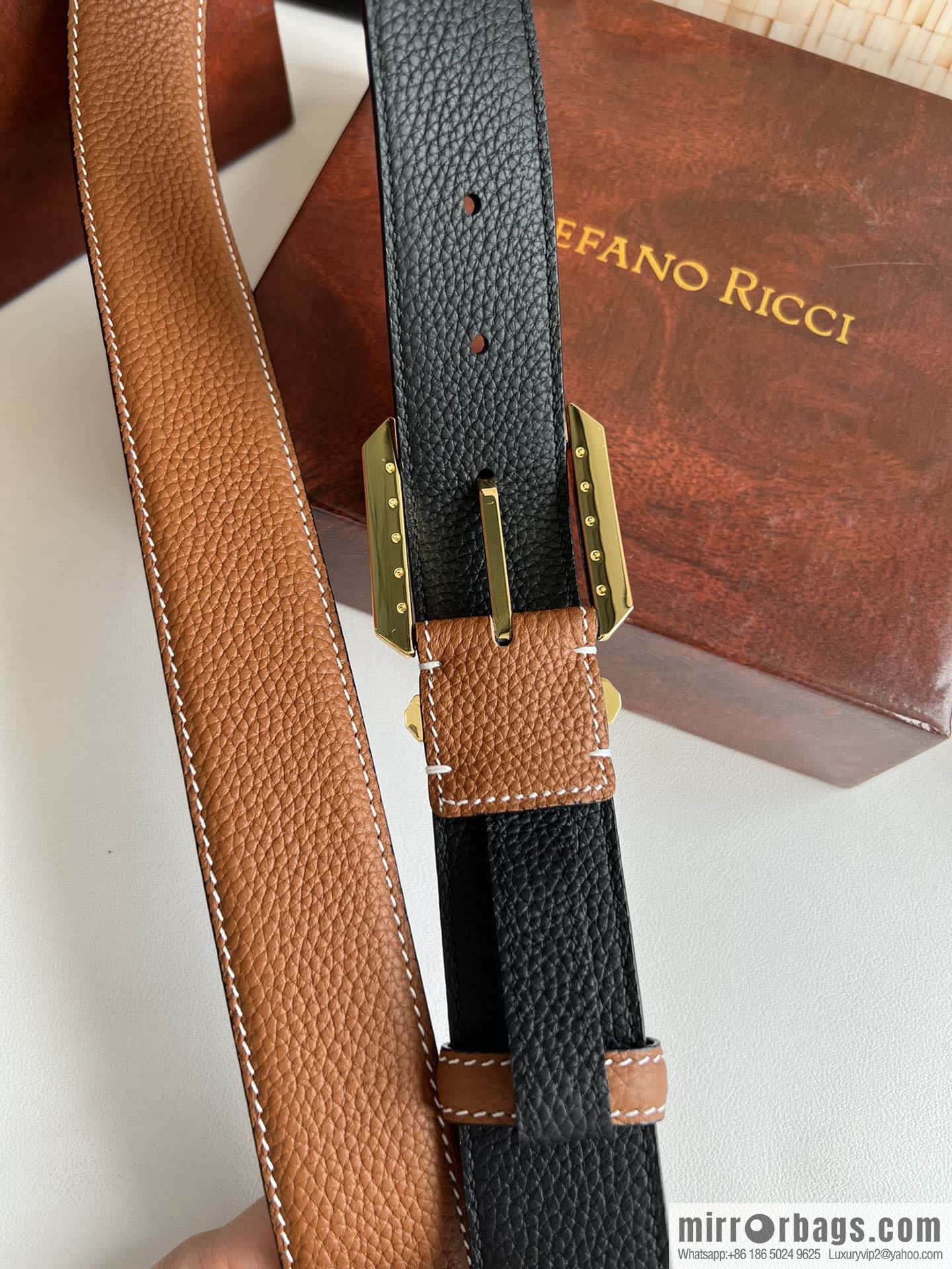 Stefano Ricci Stephen, Stainless Steel Pin Buckle Double Sided First Layer Lychee Textured Cowhide Belt 3.6cm