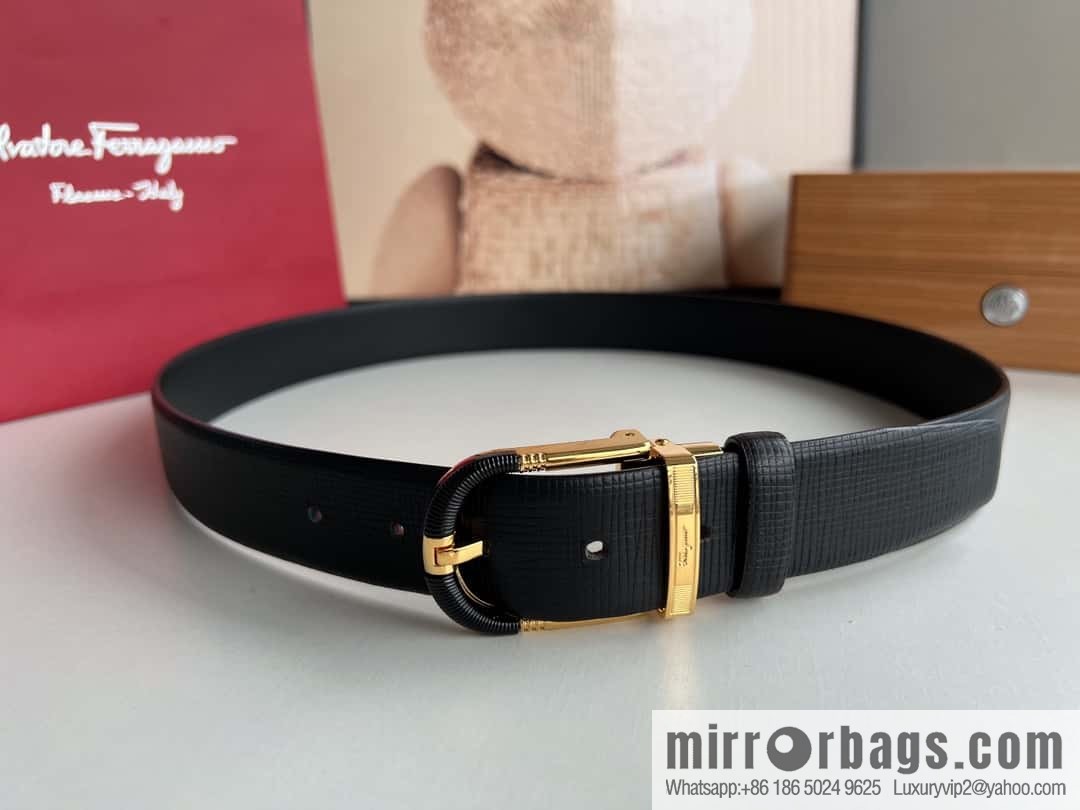 Ferragamo Ferragamo, acrylic black threaded element metal buckle, first layer cowhide belt 3.5CM