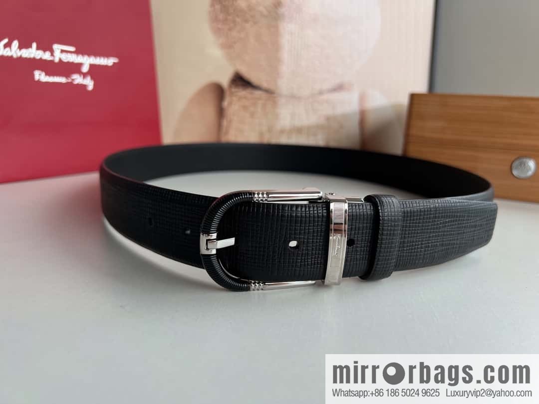 Ferragamo Ferragamo, acrylic black threaded element metal buckle, first layer cowhide belt 3.5CM