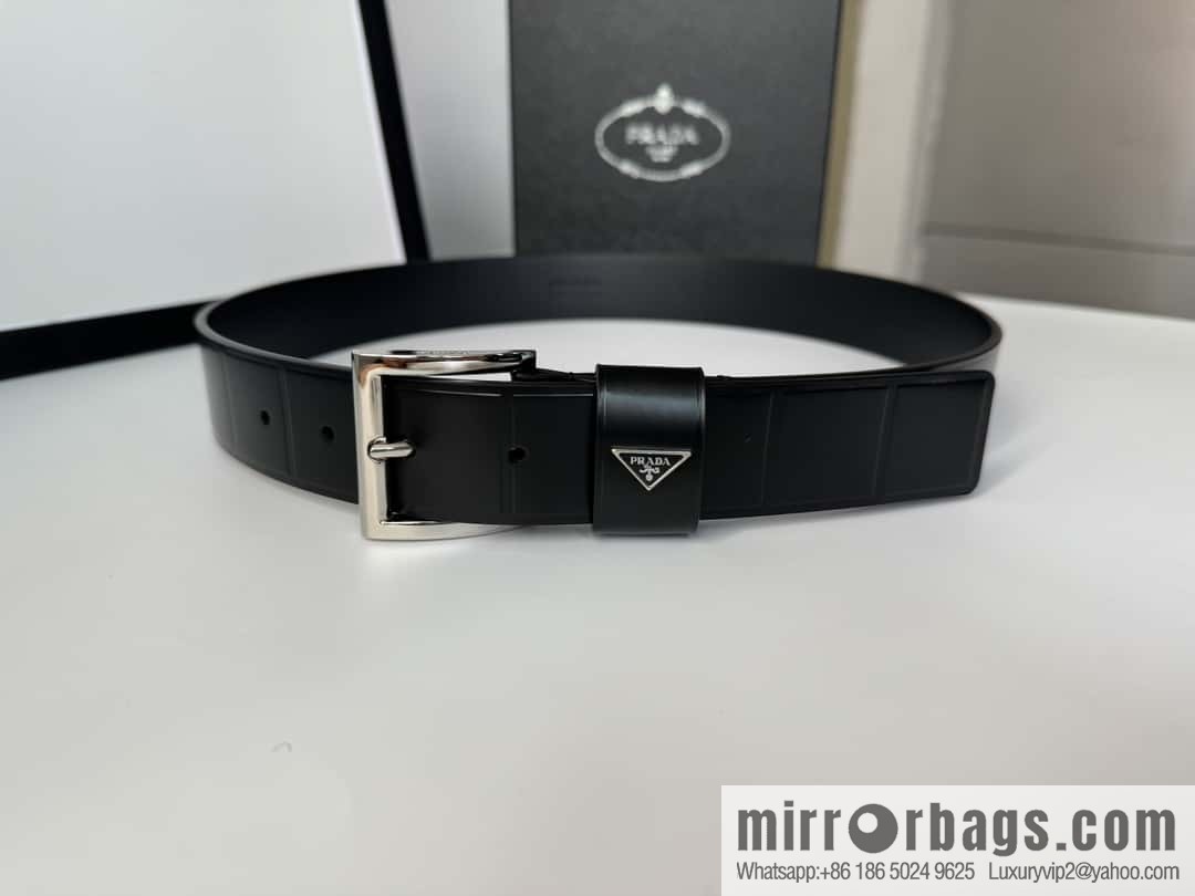 PRADA/Prada, cowhide pressing grid process hardware pin buckle counter new belt 3.5CM