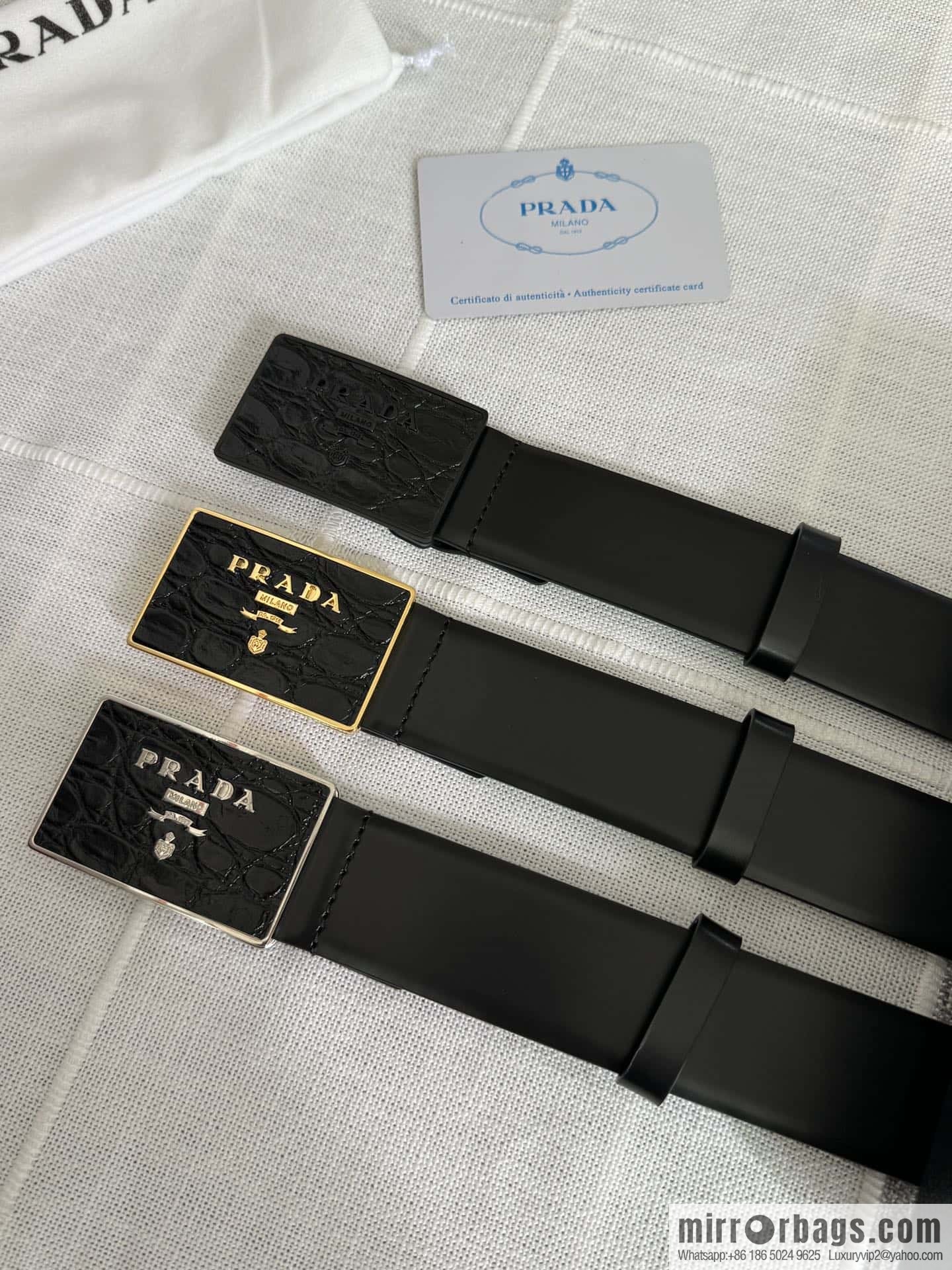 PRADA/Prada, men's black logo buckle sticker crocodile leather mixed pattern double-sided cowhide belt 3.5CM