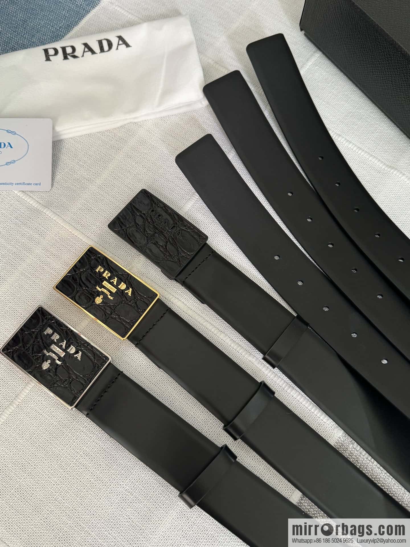 PRADA/Prada, men's black logo buckle sticker crocodile leather mixed pattern double-sided cowhide belt 3.5CM