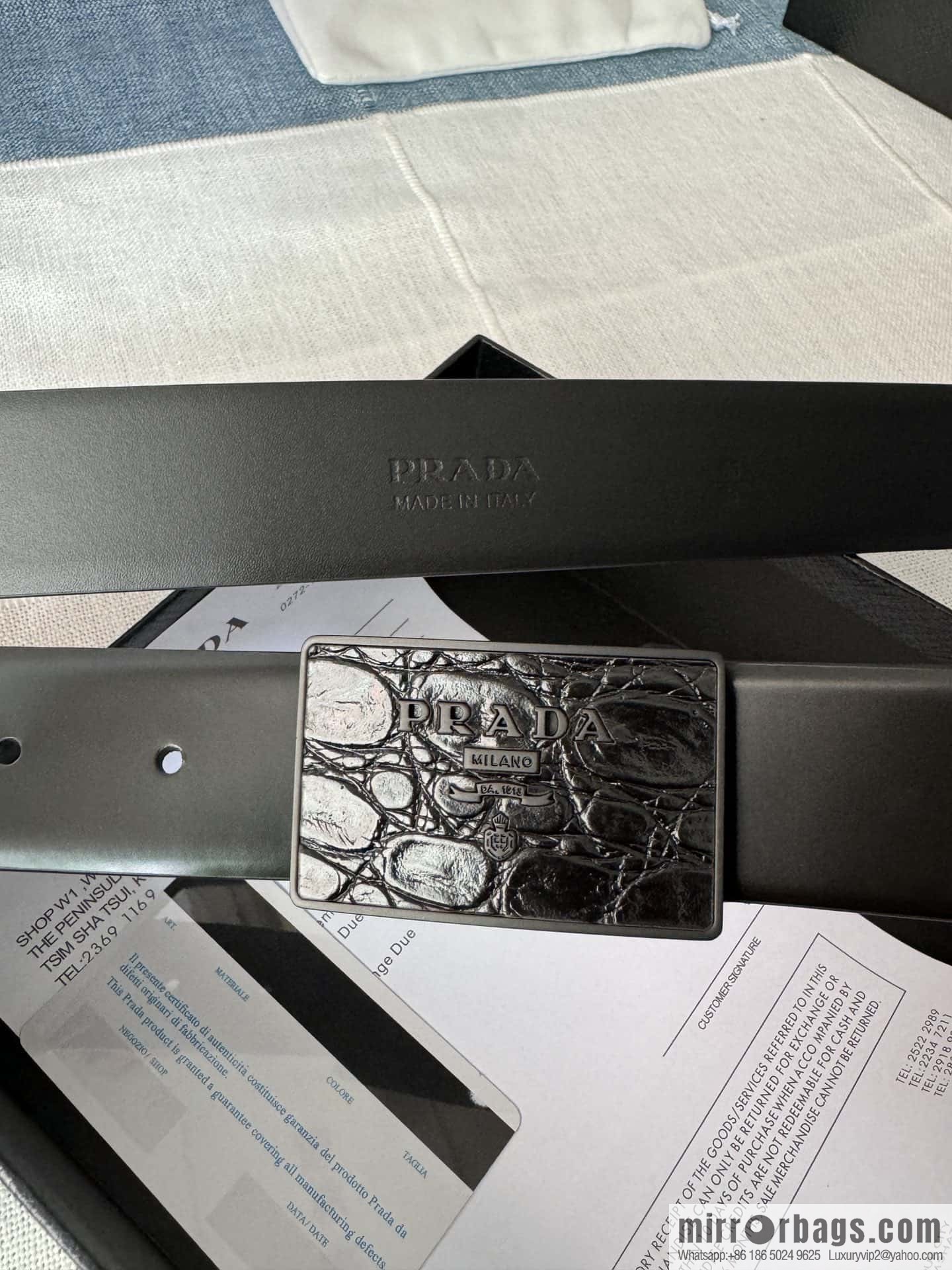 PRADA/Prada, men's black logo buckle sticker crocodile leather mixed pattern double-sided cowhide belt 3.5CM