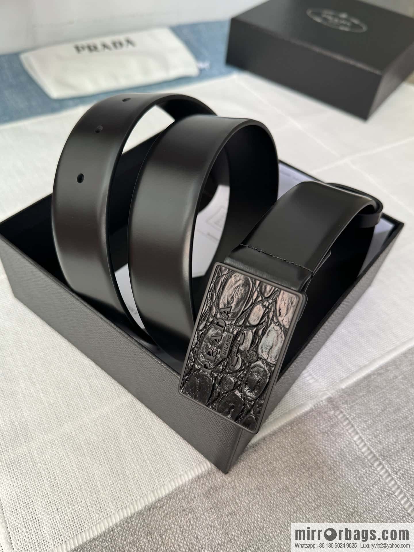 PRADA/Prada, men's black logo buckle sticker crocodile leather mixed pattern double-sided cowhide belt 3.5CM