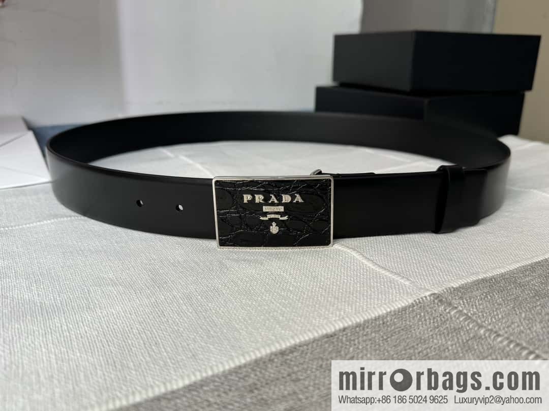 PRADA/Prada, men's black logo buckle sticker crocodile leather mixed pattern double-sided cowhide belt 3.5CM
