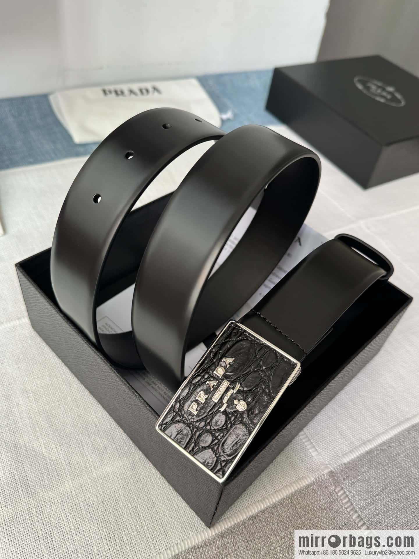 PRADA/Prada, men's black logo buckle sticker crocodile leather mixed pattern double-sided cowhide belt 3.5CM