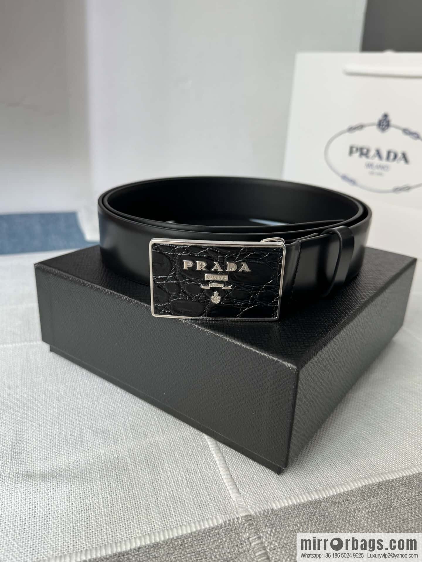 PRADA/Prada, men's black logo buckle sticker crocodile leather mixed pattern double-sided cowhide belt 3.5CM