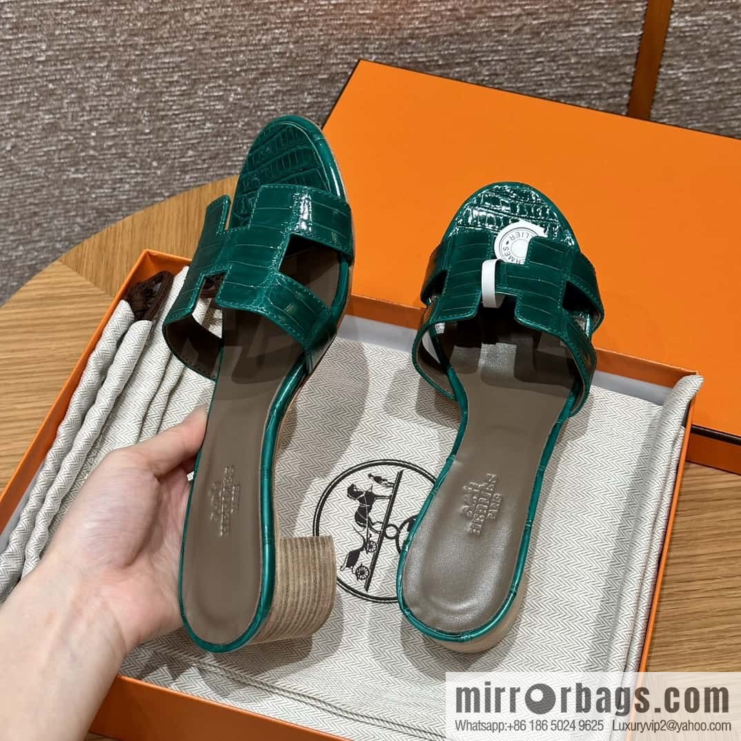 HERMES 185 Oasis high heel sandals alligator/crocodile π emerald green/6Q/Vert Emeraude