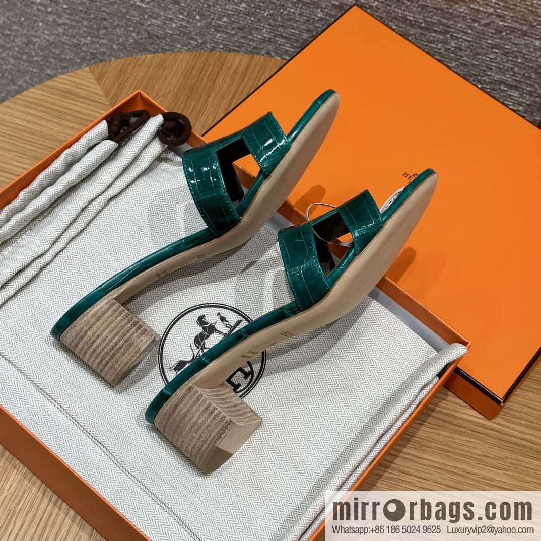 HERMES 185 Oasis high heel sandals alligator/crocodile π emerald green/6Q/Vert Emeraude