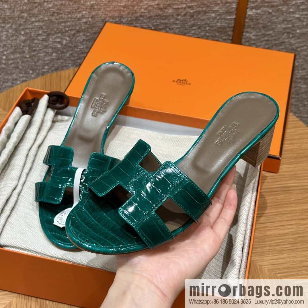 HERMES 185 Oasis high heel sandals alligator/crocodile π emerald green/6Q/Vert Emeraude