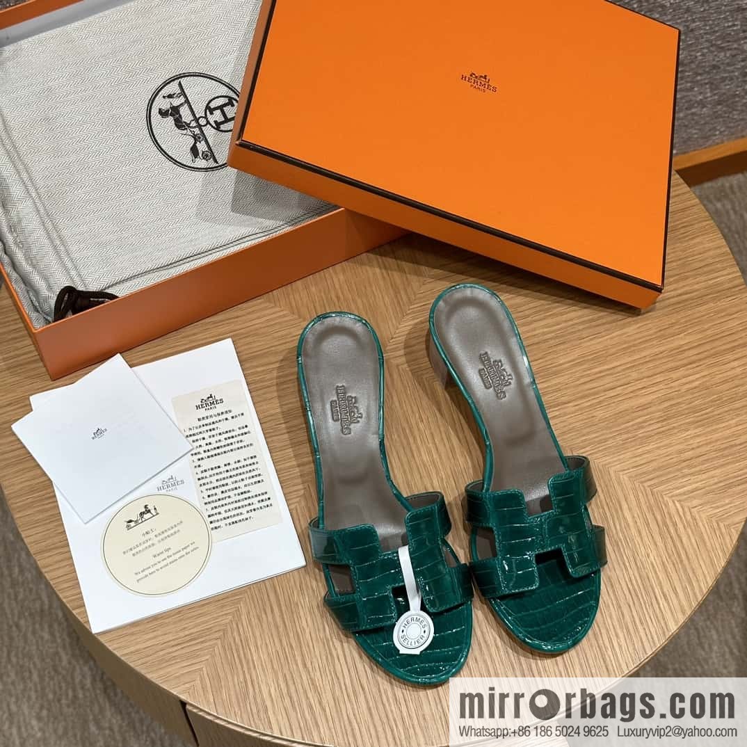 HERMES 185 Oasis high heel sandals alligator/crocodile π emerald green/6Q/Vert Emeraude