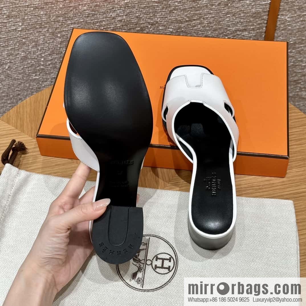 HERMES 308 Helia 60 Sandals, Calfskin/White/01/Blanc