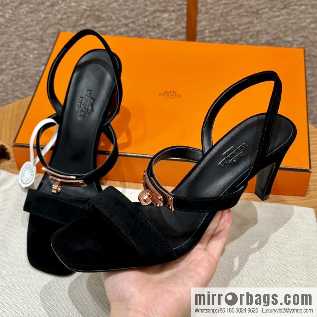 HERMES 160 Glamour sandals 75 ck89/black/black, suede/Chamois leather