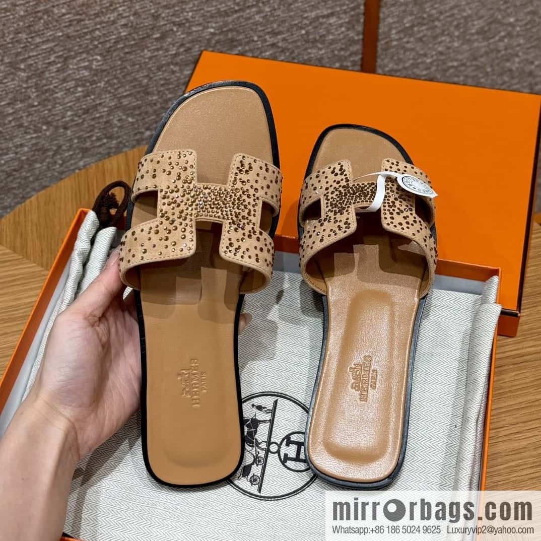 HERMES 181 Oran slippers, apricot/Apricot color suede suede/diamond/Chamois leather/drilling/Chever