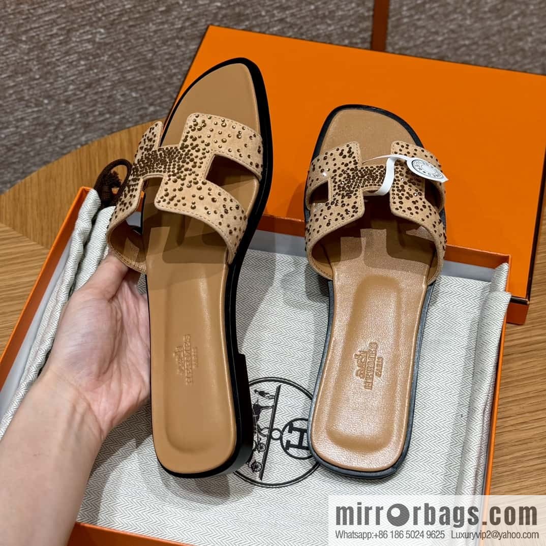 HERMES 181 Oran slippers, apricot/Apricot color suede suede/diamond/Chamois leather/drilling/Chever