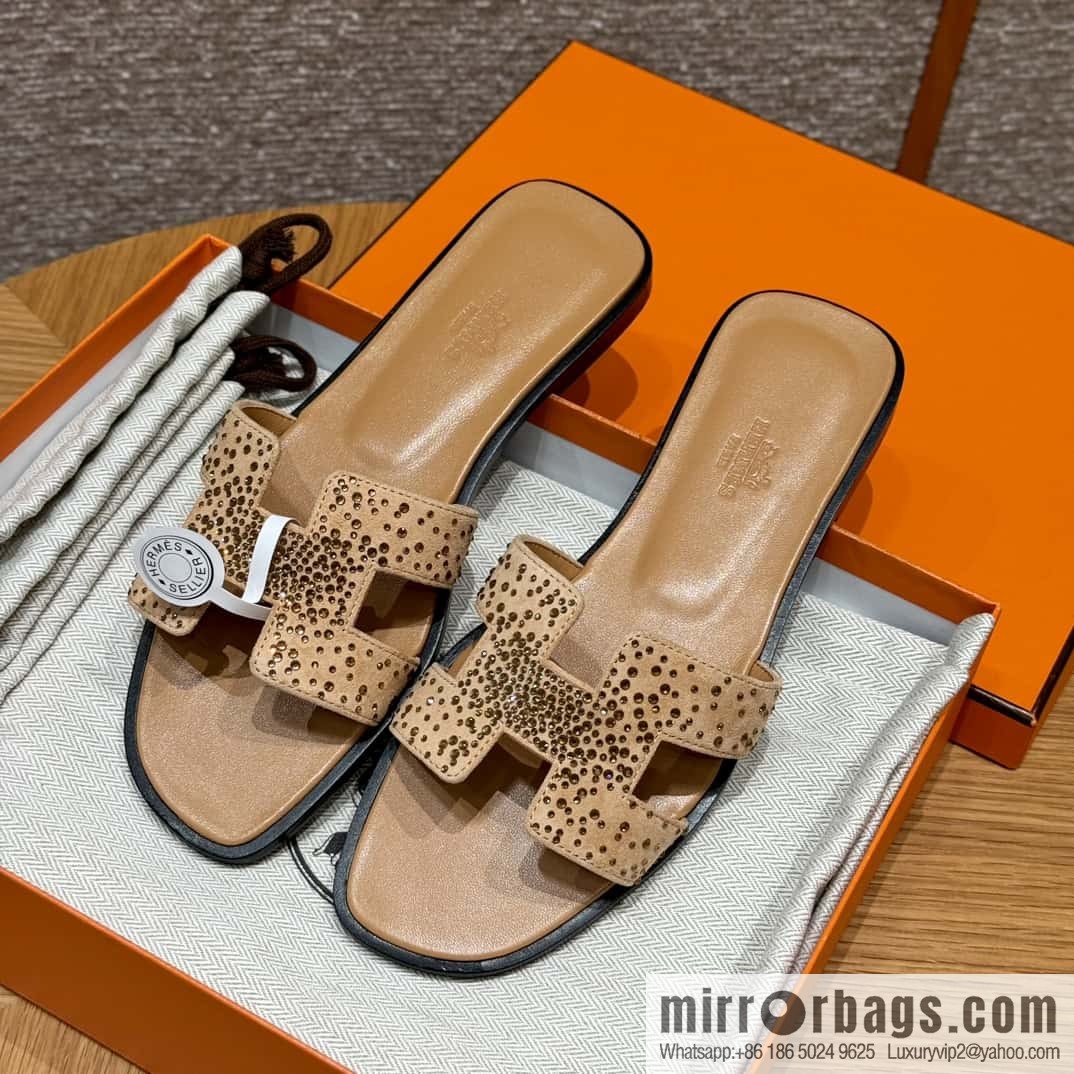 HERMES 181 Oran slippers, apricot/Apricot color suede suede/diamond/Chamois leather/drilling/Chever