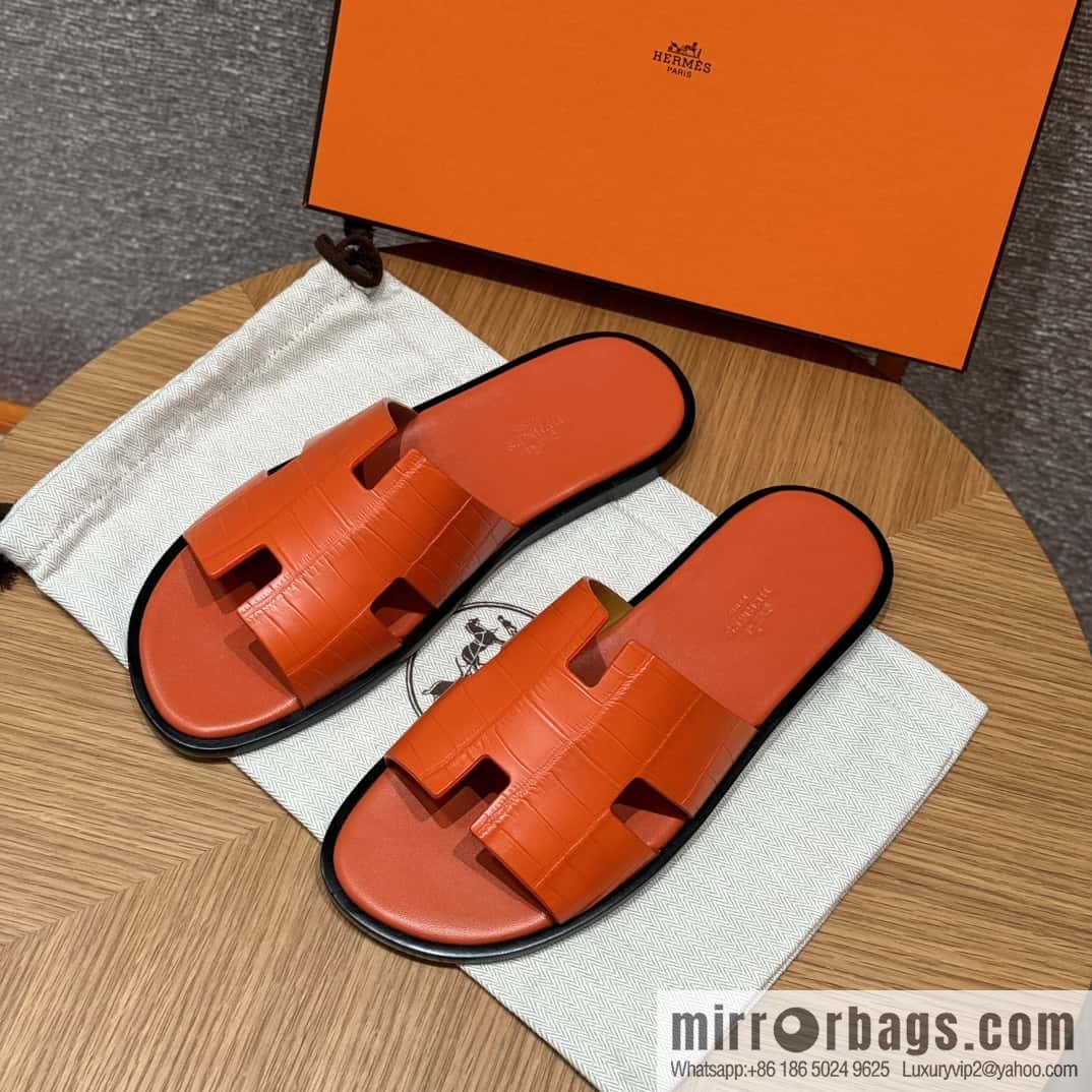 HERMES 182 -Lzmir Men's slippers 93/Orange/Orange alligator/Crocodile🐊