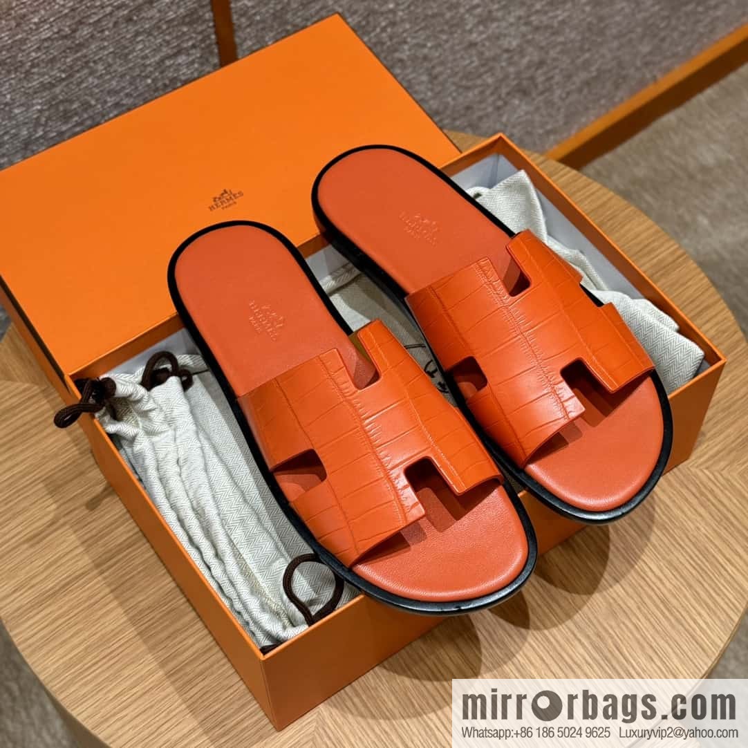 HERMES 182 -Lzmir Men's slippers 93/Orange/Orange alligator/Crocodile🐊