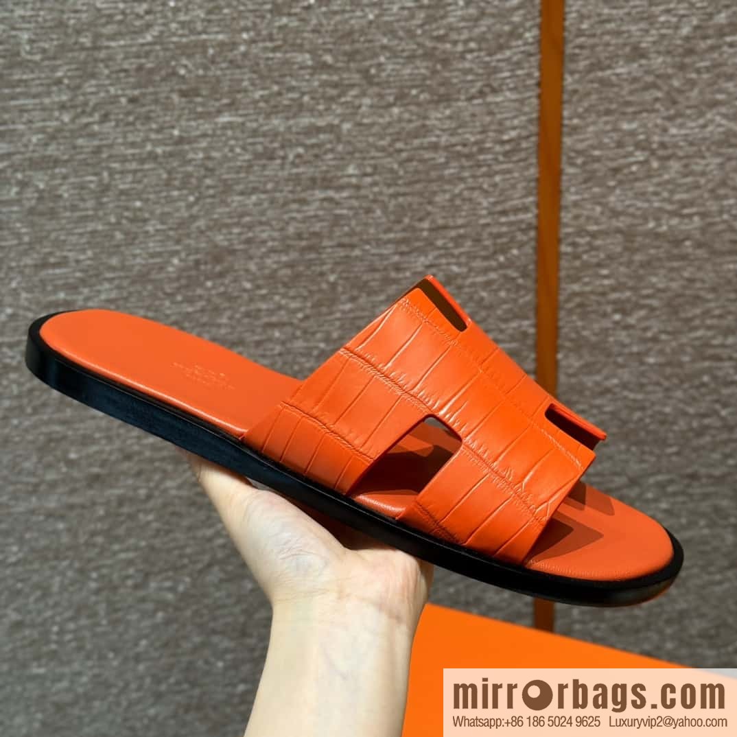 HERMES 182 -Lzmir Men's slippers 93/Orange/Orange alligator/Crocodile🐊