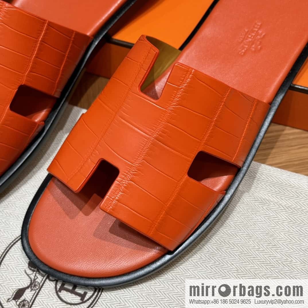 HERMES 182 -Lzmir Men's slippers 93/Orange/Orange alligator/Crocodile🐊