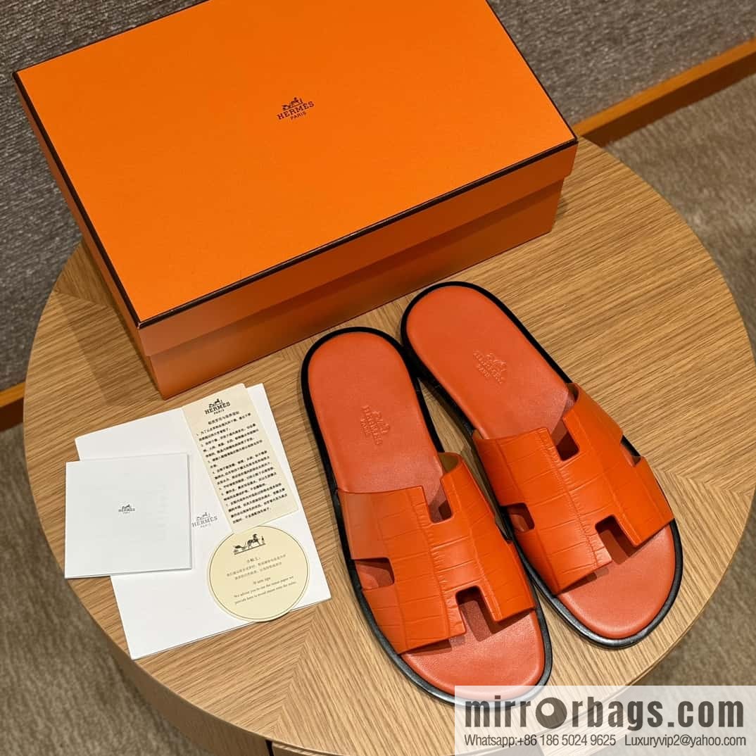 HERMES 182 -Lzmir Men's slippers 93/Orange/Orange alligator/Crocodile🐊
