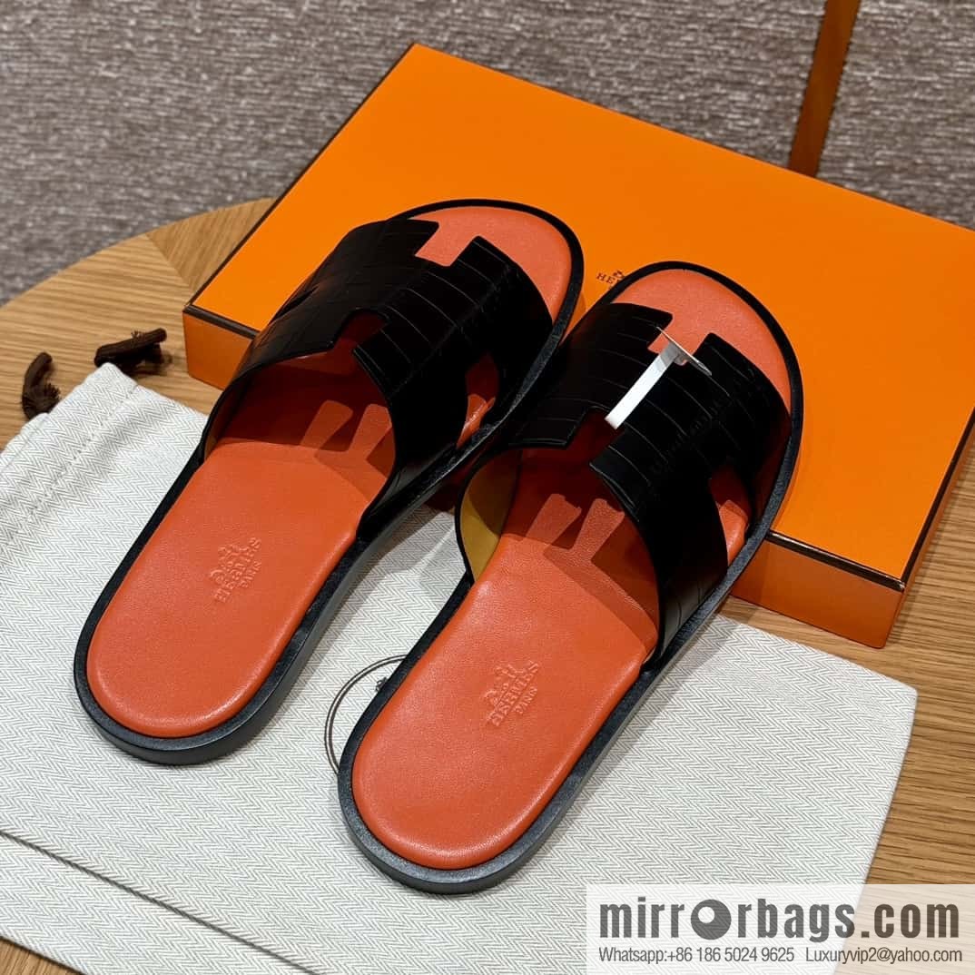 HERMES 182 -Lzmir Men's slippers, black/89/Black/with orange alligator/alligator🐊