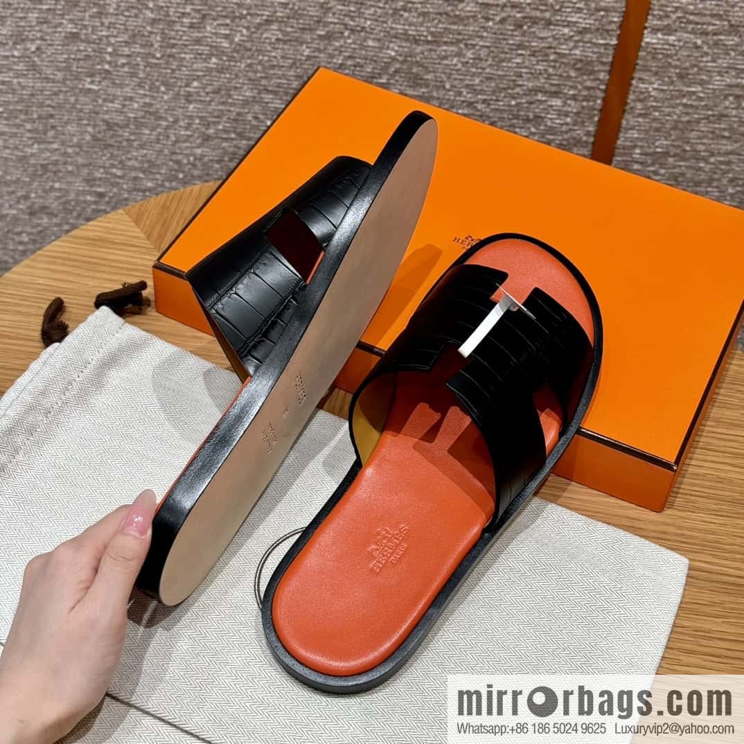 HERMES 182 -Lzmir Men's slippers, black/89/Black/with orange alligator/alligator🐊