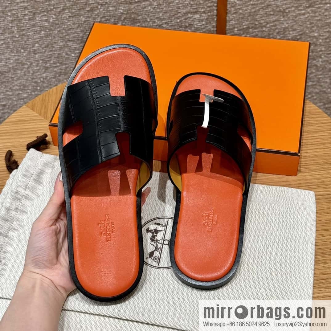 HERMES 182 -Lzmir Men's slippers, black/89/Black/with orange alligator/alligator🐊