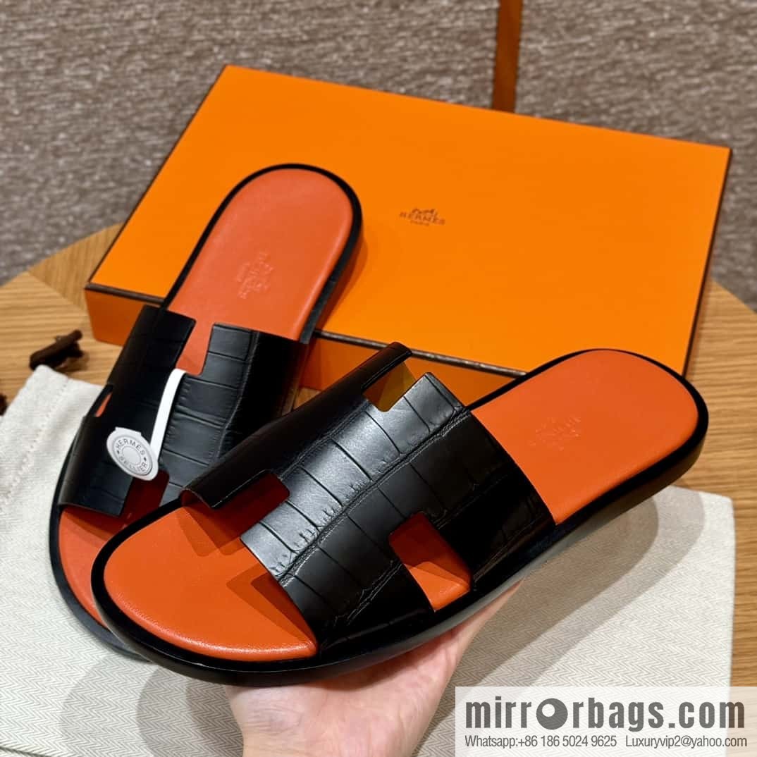 HERMES 182 -Lzmir Men's slippers, black/89/Black/with orange alligator/alligator🐊