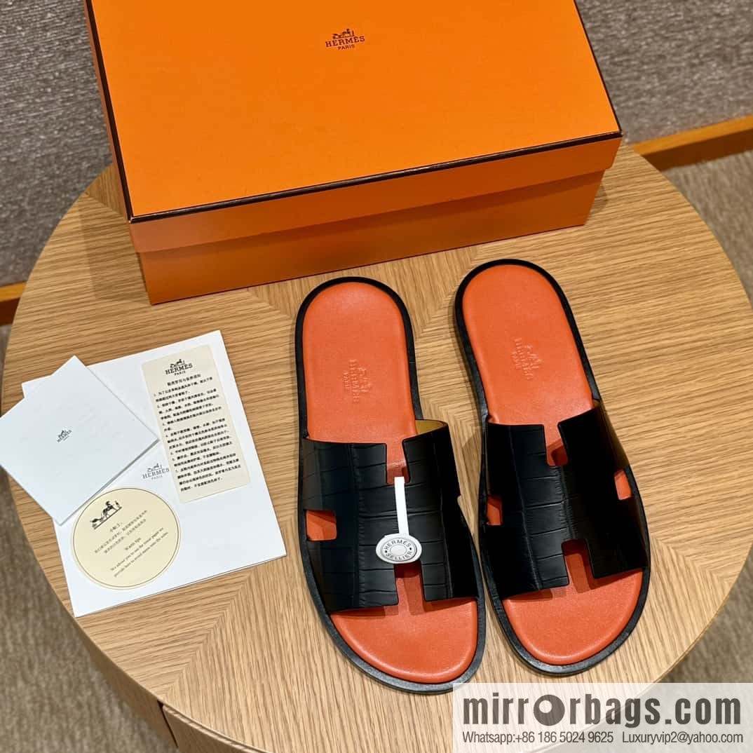 HERMES 182 -Lzmir Men's slippers, black/89/Black/with orange alligator/alligator🐊