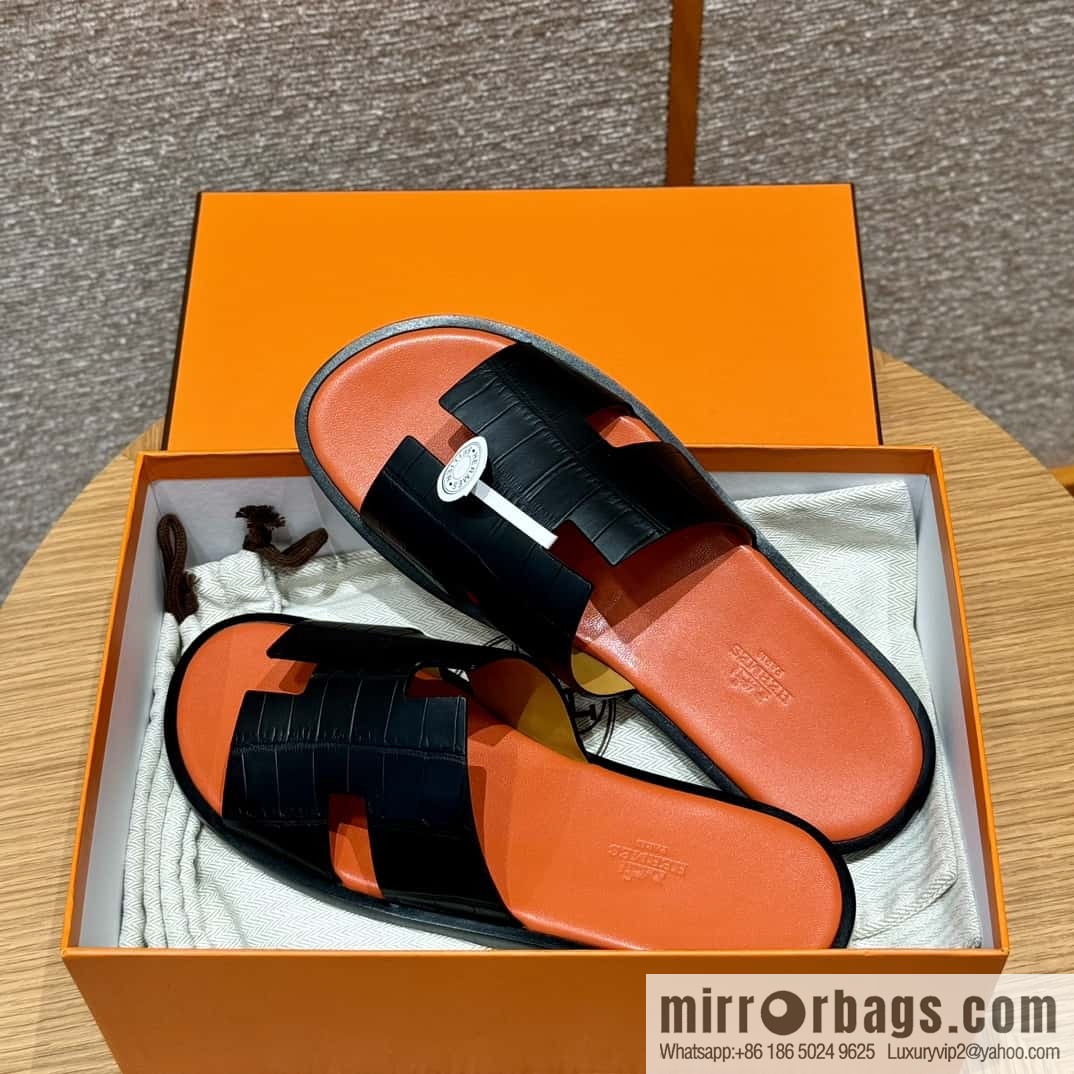 HERMES 182 -Lzmir Men's slippers, black/89/Black/with orange alligator/alligator🐊