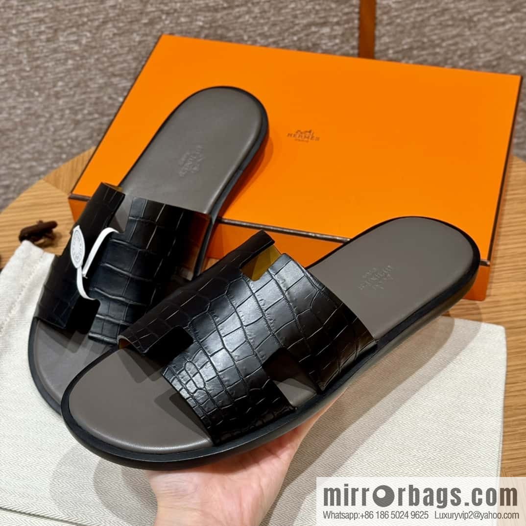 HERMES 182 -Lzmir Men's slippers, black/89/Black/with tin ash alligator/alligator🐊