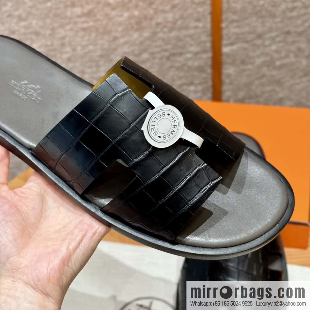HERMES 182 -Lzmir Men's slippers, black/89/Black/with tin ash alligator/alligator🐊
