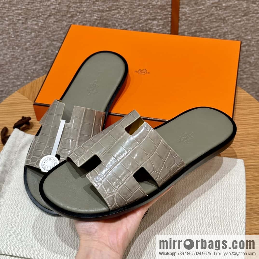 HERMES 182 -Lzmir Men's slippers Men's slippers, turtledove gray/ck81/with tin ash foot pad alligator/crocodile🐊