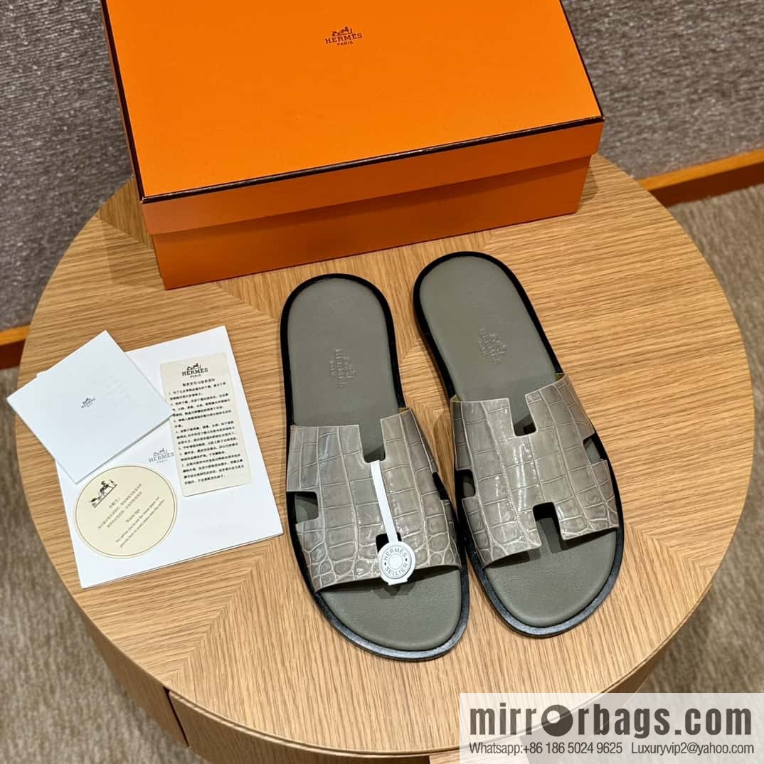 HERMES 182 -Lzmir Men's slippers Men's slippers, turtledove gray/ck81/with tin ash foot pad alligator/crocodile🐊