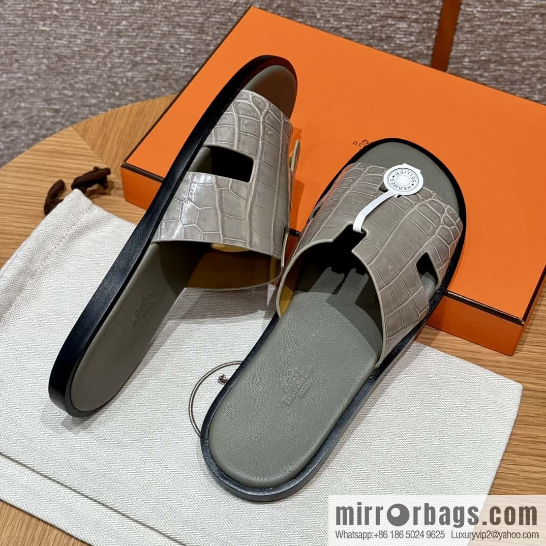 HERMES 182 -Lzmir Men's slippers Men's slippers, turtledove gray/ck81/with tin ash foot pad alligator/crocodile🐊