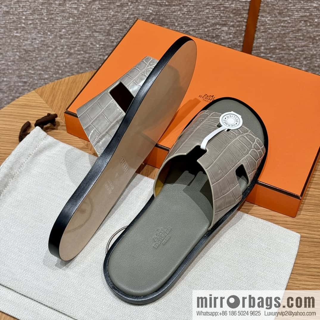HERMES 182 -Lzmir Men's slippers Men's slippers, turtledove gray/ck81/with tin ash foot pad alligator/crocodile🐊