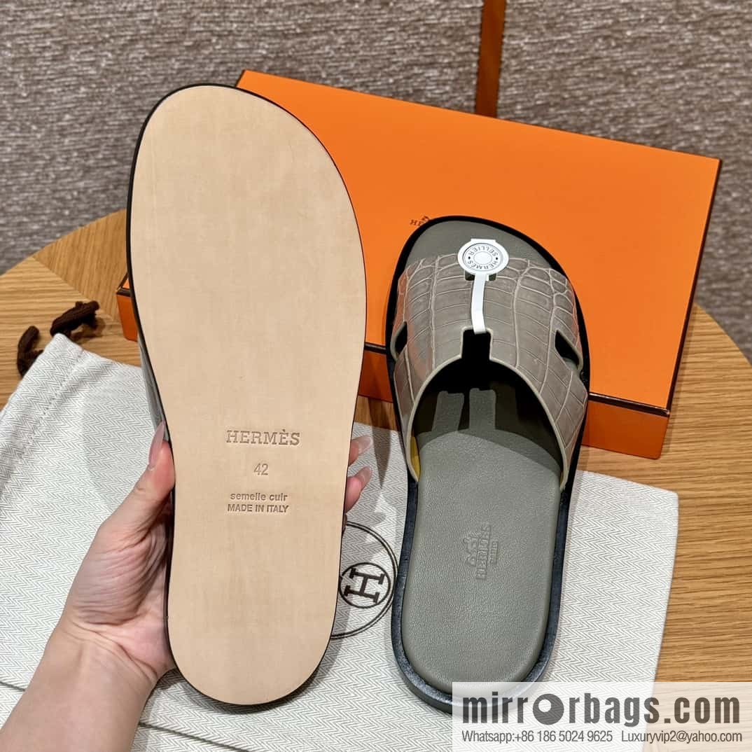 HERMES 182 -Lzmir Men's slippers Men's slippers, turtledove gray/ck81/with tin ash foot pad alligator/crocodile🐊