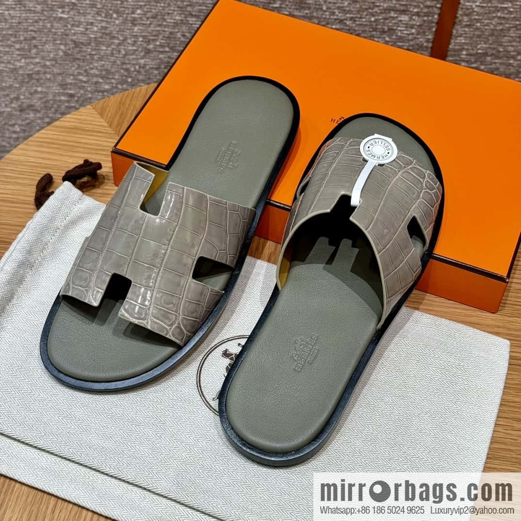 HERMES 182 -Lzmir Men's slippers Men's slippers, turtledove gray/ck81/with tin ash foot pad alligator/crocodile🐊