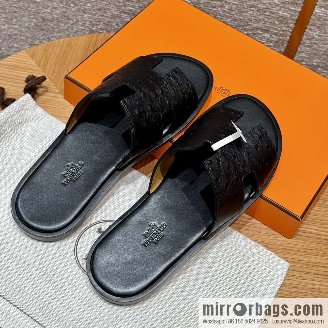 HERMES 182 -Lzmir Men's slippers, black/89/Black/with black foot pads, ostrich π¦/Ostrich