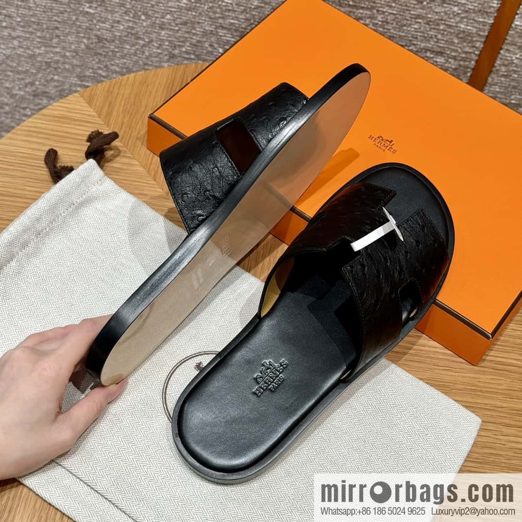 HERMES 182 -Lzmir Men's slippers, black/89/Black/with black foot pads, ostrich π¦/Ostrich